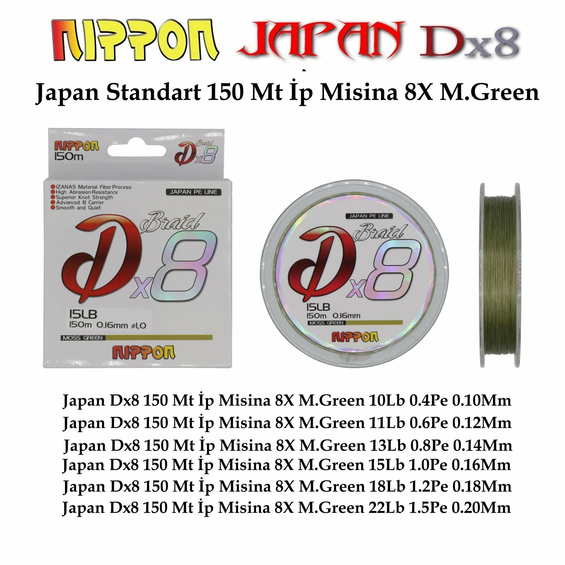 Japan Dx8 Braid 150 Mt İp Misina 8X M.Green 0.12 mm