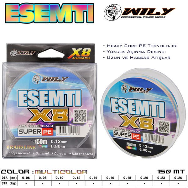 Wily Esemti 8 Kat İp Misina 150 mt Multi Color 0,23