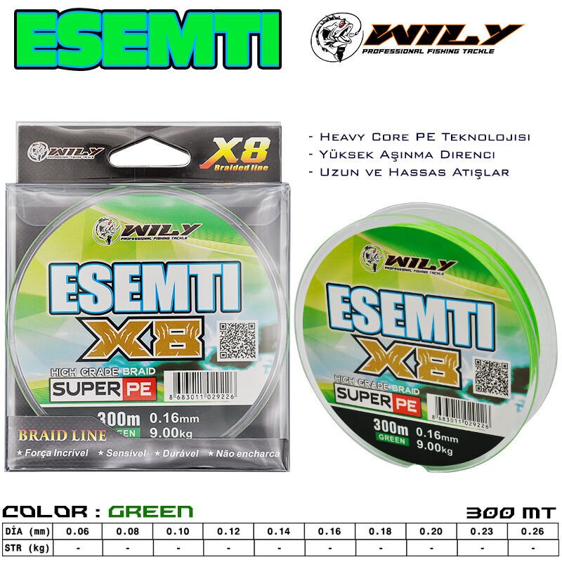 Wily Esemti 8 Kat İp Misina 300 mt Yeşil 0,12