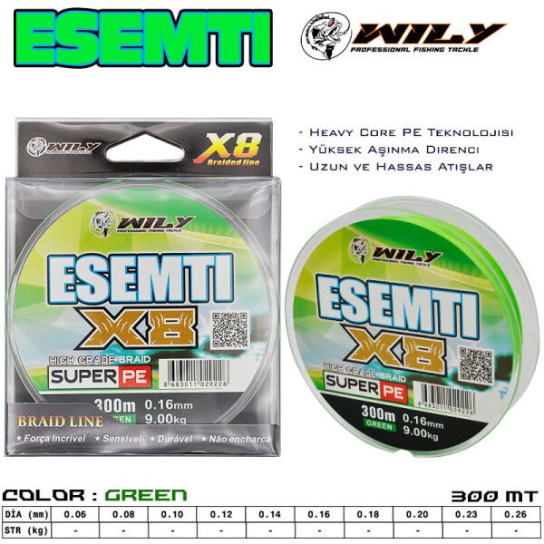 Wily Esemti 8 Kat İp Misina 300 mt Yeşil 0,12