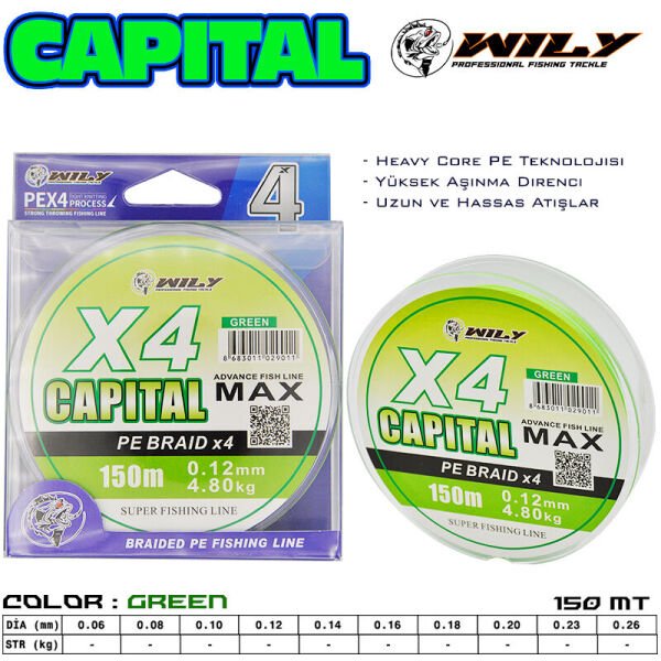 Wily Capital 4 Kat İp Misina 150 mt Yeşil 0,16
