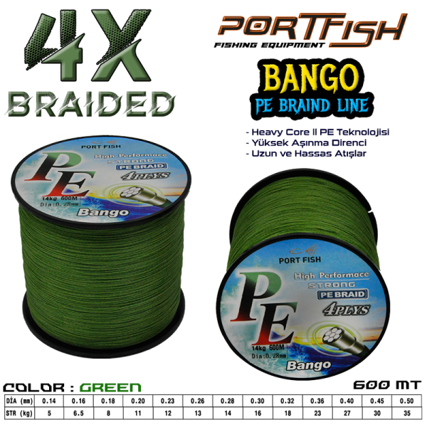 Portfish Bango 4 Kat İp Misina 600 mt Yeşil 0,50