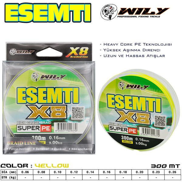 Wily Esemti 8 Kat İp Misina 300 mt Sarı 0,20