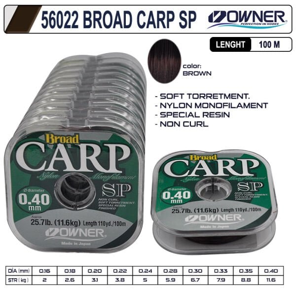Owner 56022 mm Broad Carp Sp 100m Brown Misina 0,33