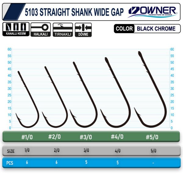 Owner 5103  Straight Shank Wide Gap Uzun Pala Lüfer İğnesi 3-0