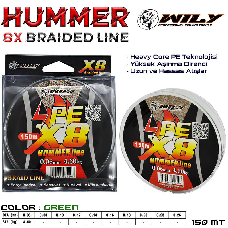 Wily Hummer 8 Kat İp Misina 150 mt Yeşil 0,10