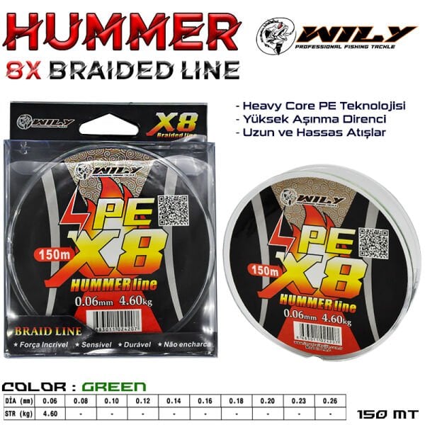 Wily Hummer 8 Kat İp Misina 150 mt Yeşil 0,10