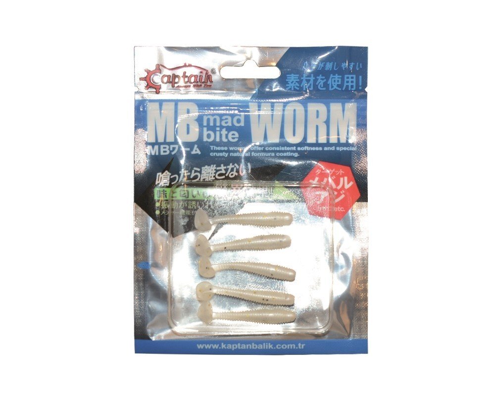 Captain 3522 Mad Bite Worm T Tail 3.6cm Aromalı LRF Silikon Yem 5'li Set Beyaz