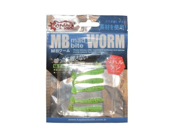 Captain 3522 Mad Bite Worm T Tail 3.6cm Aromalı LRF Silikon Yem 5'li Set Yeşil