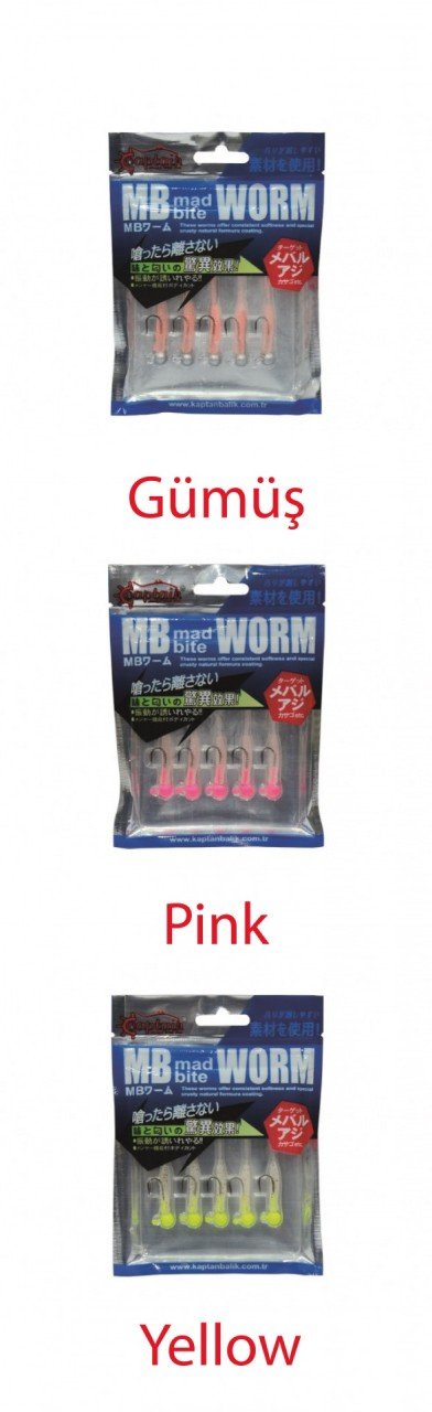Captain 3521 Mad Bite 4cm Jig Headli Worm LRF Silikon Yem 5'li Set Yellow