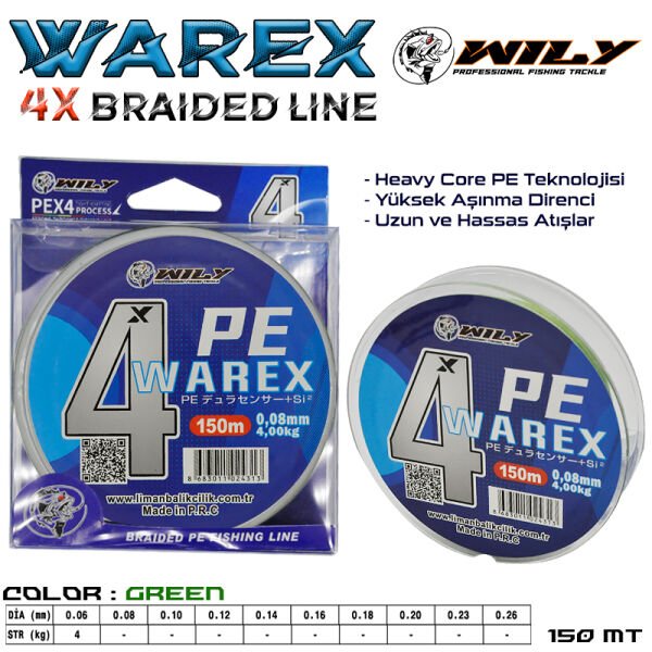 Wily Warex 4 Kat İp Misina 150 mt Yeşil 0,18