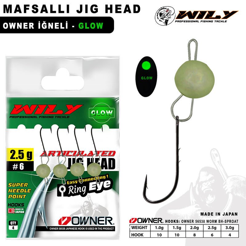 Wily Jig Head Mafsallı Owner İğneli - Glow 2,5 gr