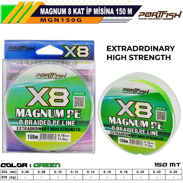 Portfish Magnum 8 Kat İp Misina 150 mt Yeşil 0,18