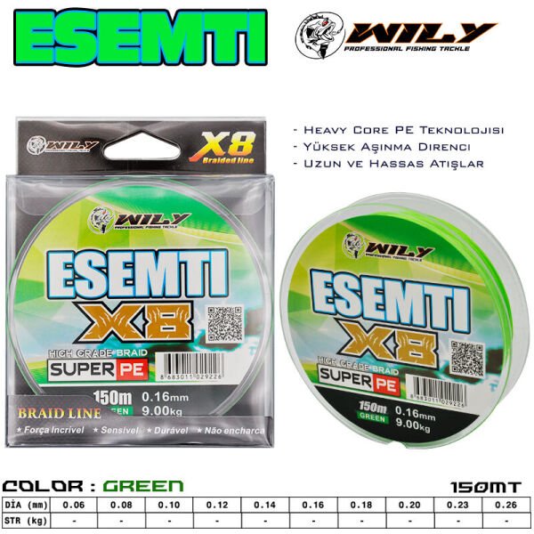 Wily Esemti 8 Kat İp Misina 150 mt Yeşil 0,06